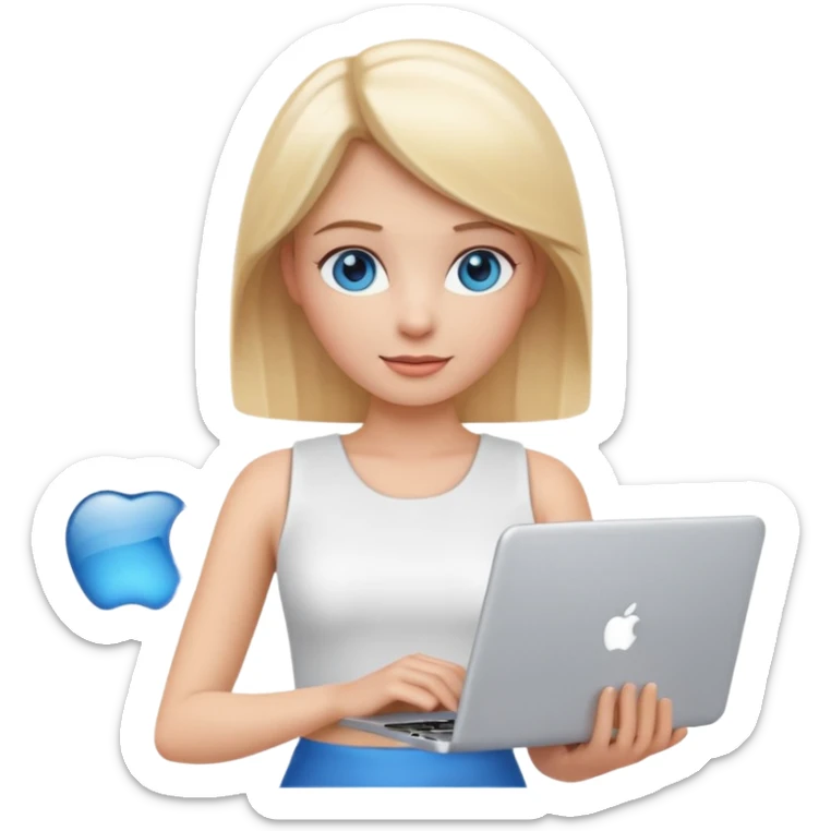 3D Apple-style emoji of a blonde woman with bright blue eyes,
wearing a white sleeveless top,
holding a silver laptop,
clean white background, smooth rounded design
 sticker