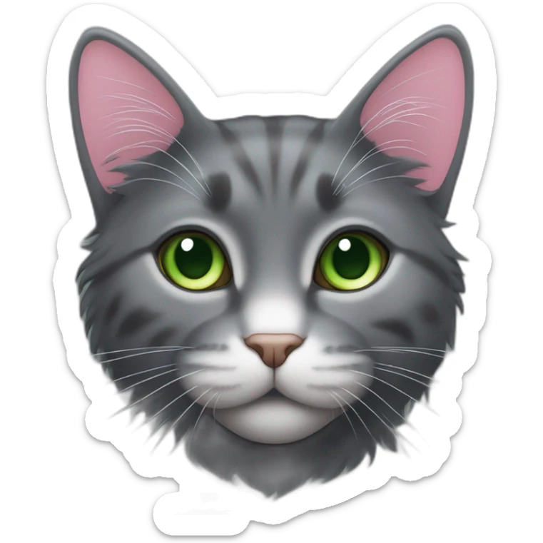 fluffy dark grey cat with pink nose, green eyes and white long whiskers, near the nose there are white spots sticker