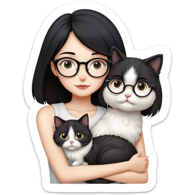 Skinny woman with oval glasses, shoulder length straight black hair, wearing white sleeveless top, hugging a Persian-Angora cat that's gray and white like Oreo cookies, plain background sticker