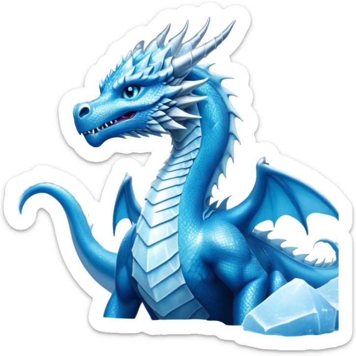 Cinematic Noble wise elegant Ice Dragon full body  Emoji, Poised and imposing, distinct long elegant snout, with a slender, scaled body shimmering in glacial hues of icy blue, frostbitten silver, and crystalline white, breathing out frost, with piercing, glowing ice blue white eyes that radiate the chilling depths of an arctic storm; rendered in detail. excuding wisdom sticker