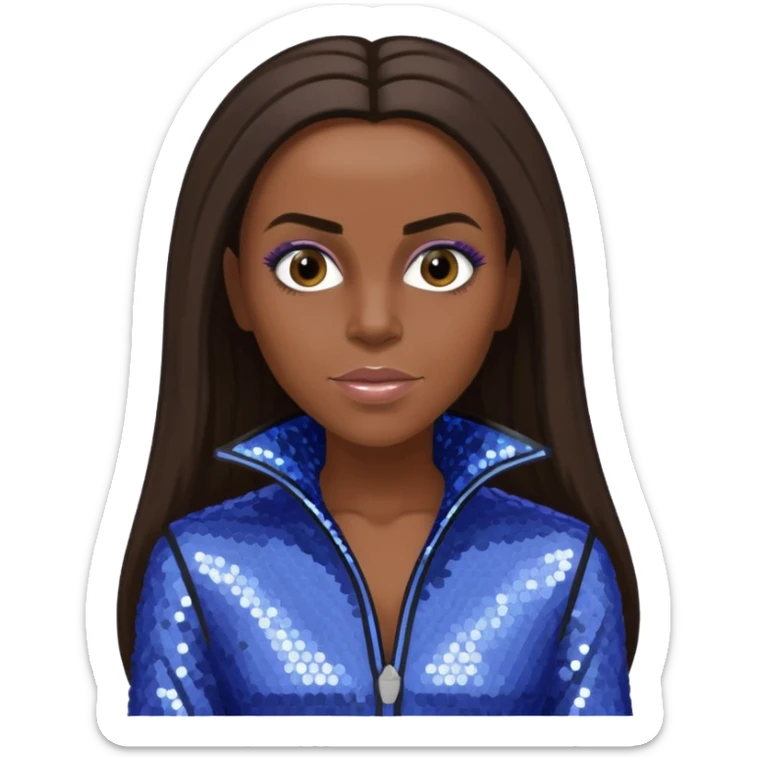 Mel C from Spice Girls with long dark brown ponytail hair, perwinkle sequin outfit sticker