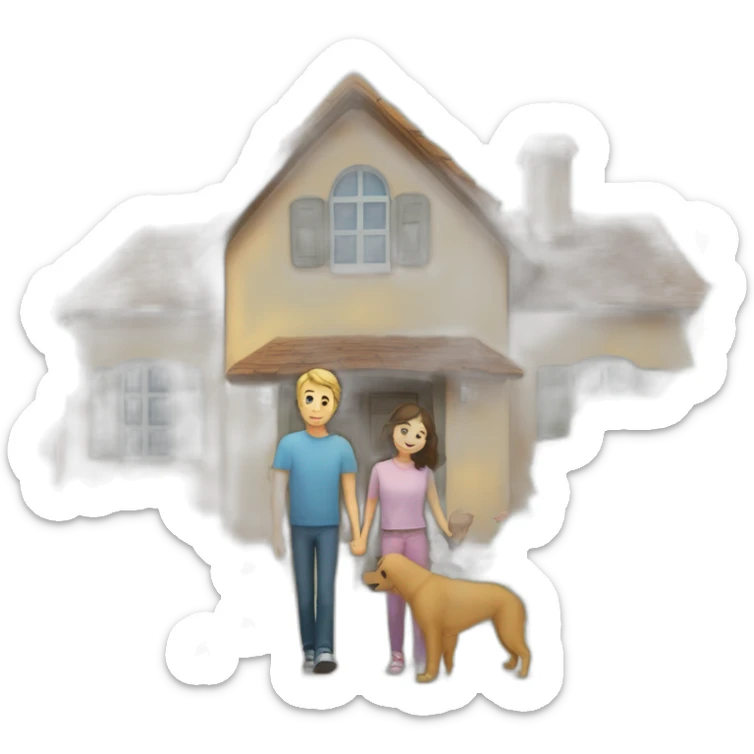 Un chien et un chat devant une maison avec une famille composer de 1 garç et 2 fille sticker