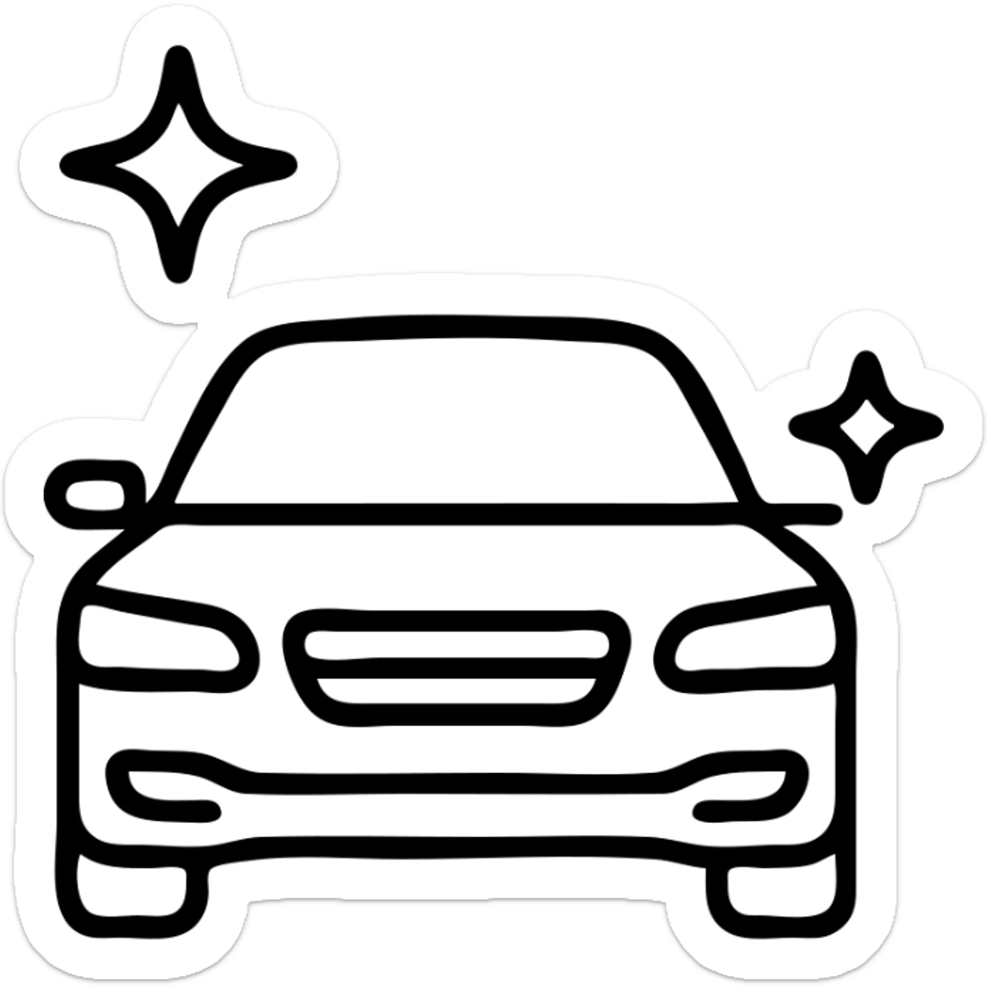 outlined icon of a high-end car, glossy black with sparkling stars and mirror-like reflections, clean lines, modern and simple, perfectly clean vehicle sticker