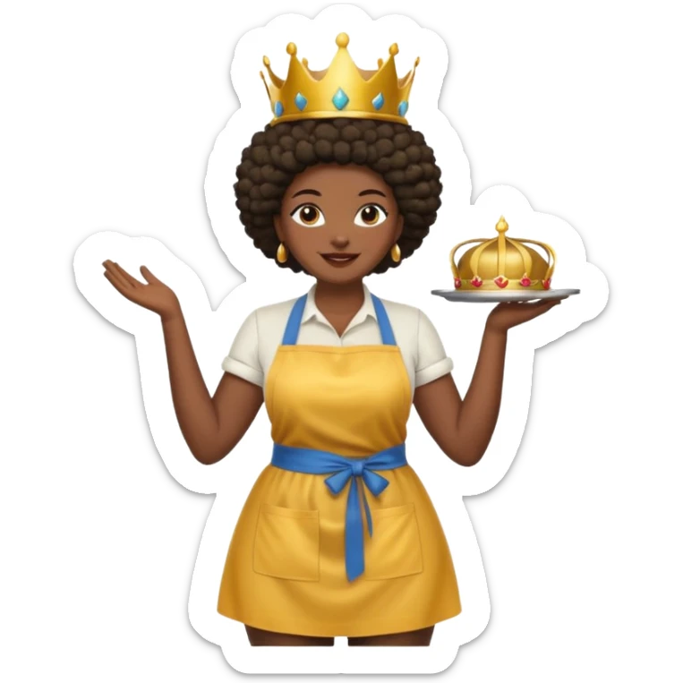 Mujer curvy afro, con piernas gordas y vestimenta cómoda, usando delantal,con una corona sobre su cabeza y sonrisa contagiosa.  sticker