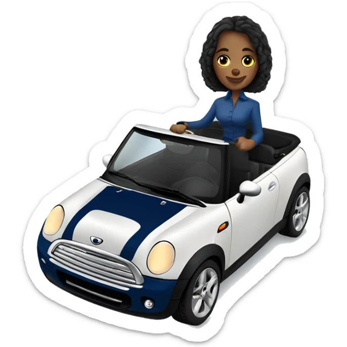 navy blue convertible Mini Cooper, with fair skin and blue eyed woman driving  sticker