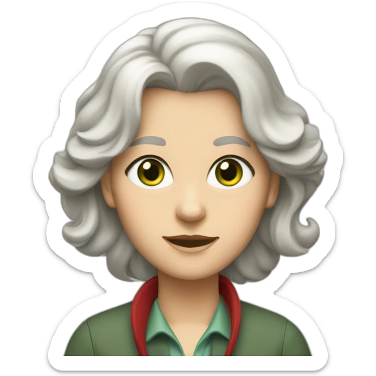 28 old women, white skin, long blond hair, green eyes, red shirt in a gray jacket sticker