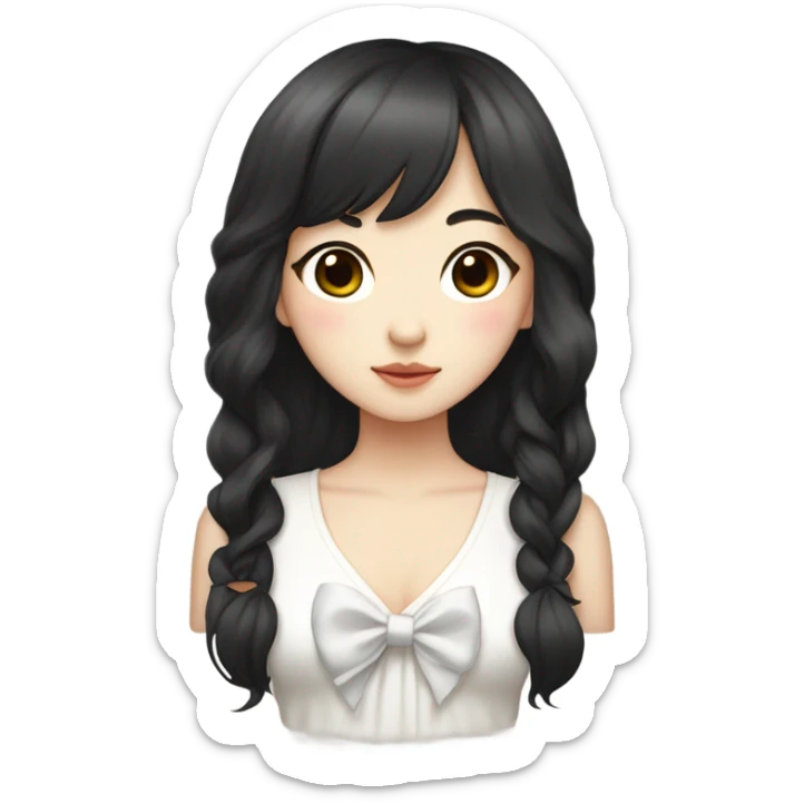 pale korean girl with long black wavy hair and front Korean bangs with bow on her hair. White cami top sticker