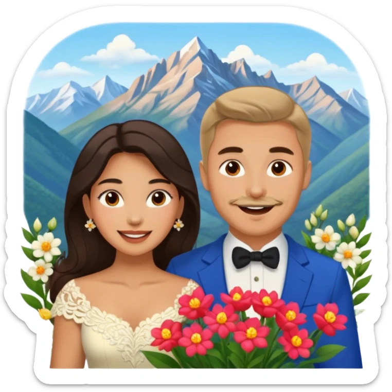 Excited Couple traveling  russian man and elegant  Latina girl delicate flowers and mountains in the background  sticker