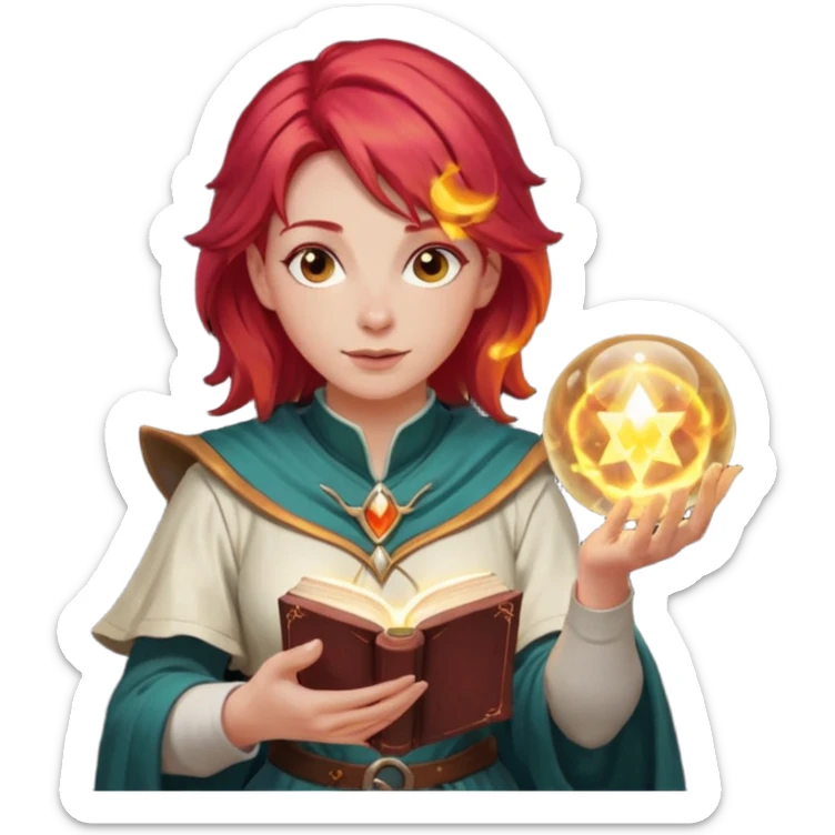 female dnd cleric with red hair holding a magic book in one hand and having a ball of light in the other sticker