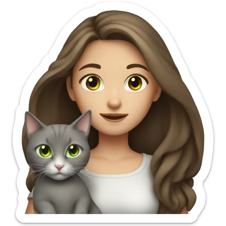 Girl with long brown hair and green eyes holding a gray cat sticker