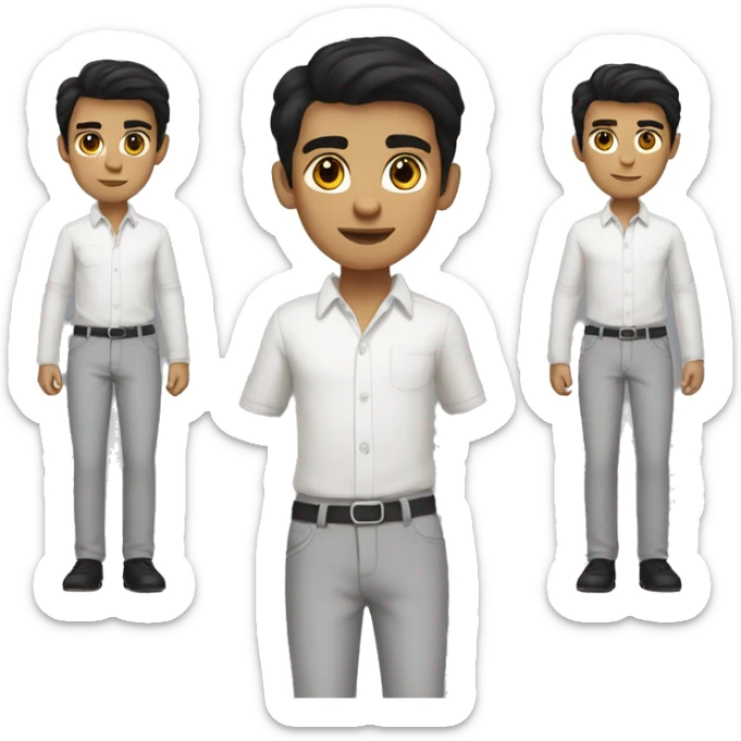 A boy with black hair, white skin, a white shirt and grey pants is looking good. sticker
