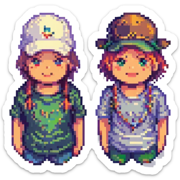 Convert this photo of two people sitting outdoors into a pixel art style portrait, focusing on their faces and hats. Use a simple pixel art palette and keep the background minimal. sticker
