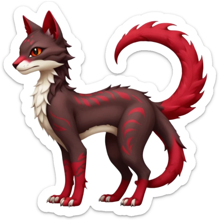 Kawaii dark-brown and crimson-red beautiful pretty elegant divine edgy fantasy feline-vernid-sergal-fursona animal creature with a tufted tail full body with intricate markings  sticker