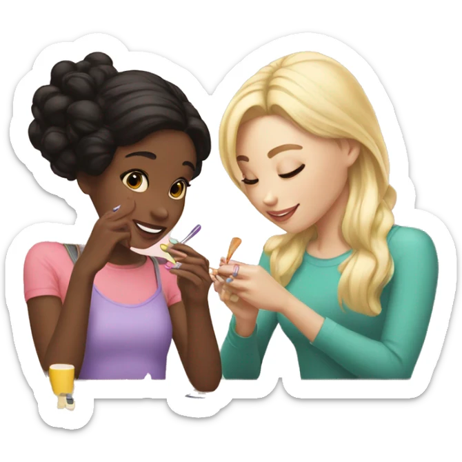 1 black haired girl and one blonde highlights girl painting their nails  sticker