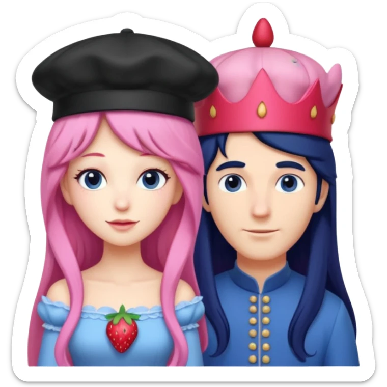 pale blueberry prince man. Handsome with long black hair blueberry hat and clothes next to pale strawberry princess woman with strawberry hat eyelashes long pink hair and strawberry dress sticker