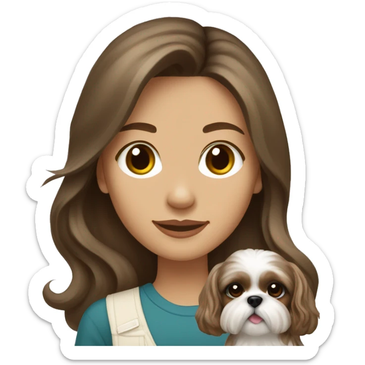 Young brunette medium kin hair woman with a cream shih tzu in her arms long wavy hair sticker