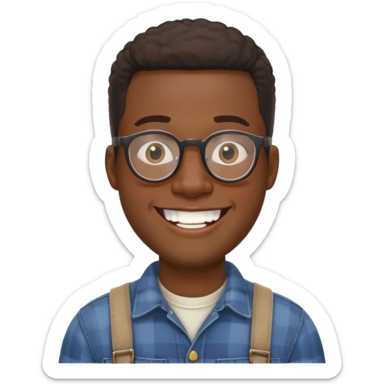 smiling black man with glasses, big teeth, standard male haircut, rural farmer, oval face sticker