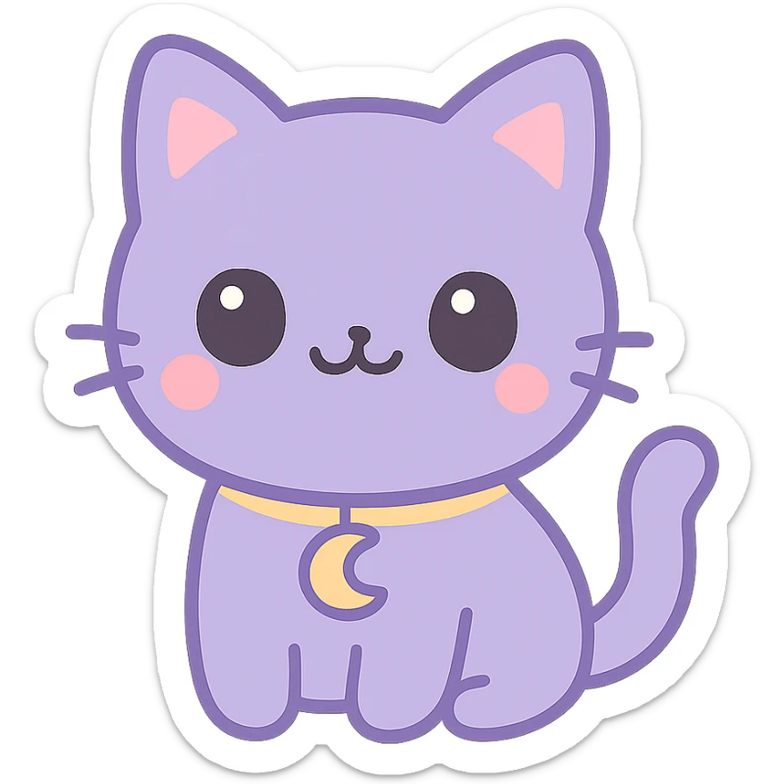 purple cat with fully black eyes, wide open black smile with no teeth, gold moon pendant hanging from its neck, visually appealing style sticker
