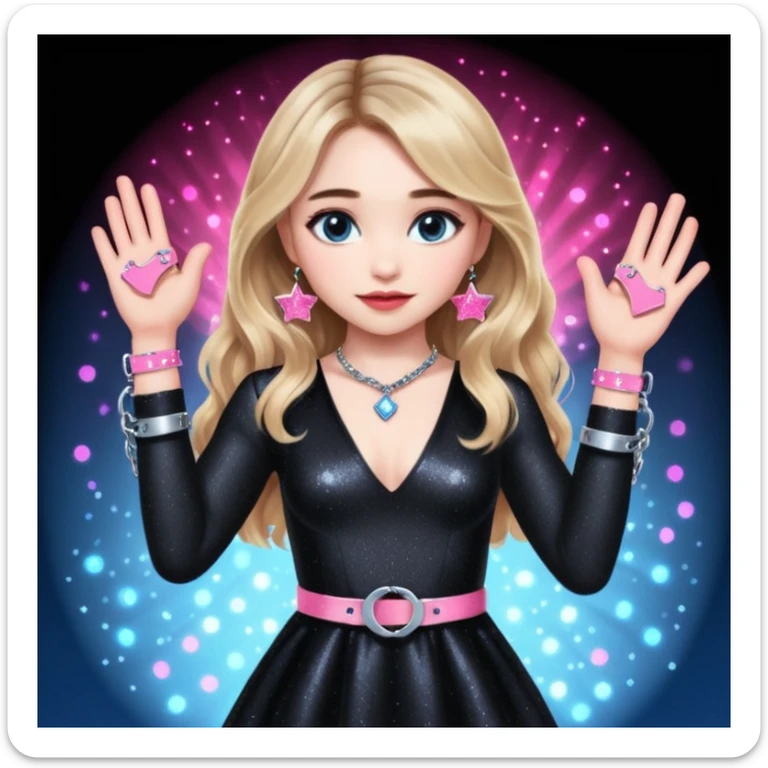 Sabrina carpenter at concert wearing a black sparkly dress with a silver sparkle v neck. she is holding up pink handcuffs. facing audience, blue and red lights setting  sticker