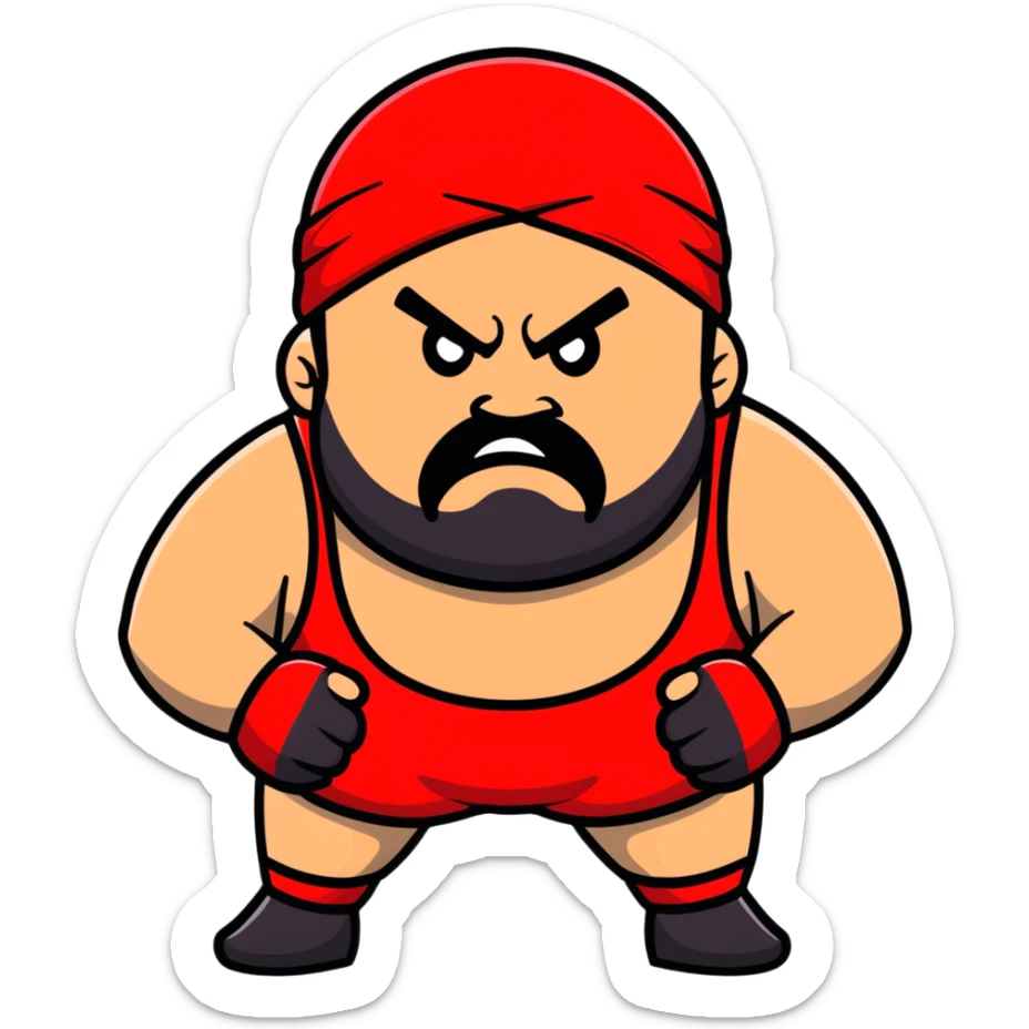 White skin fat guy with prominent black durag, short black beard, black eyes in a red and black wrestling singlet with angry face sticker