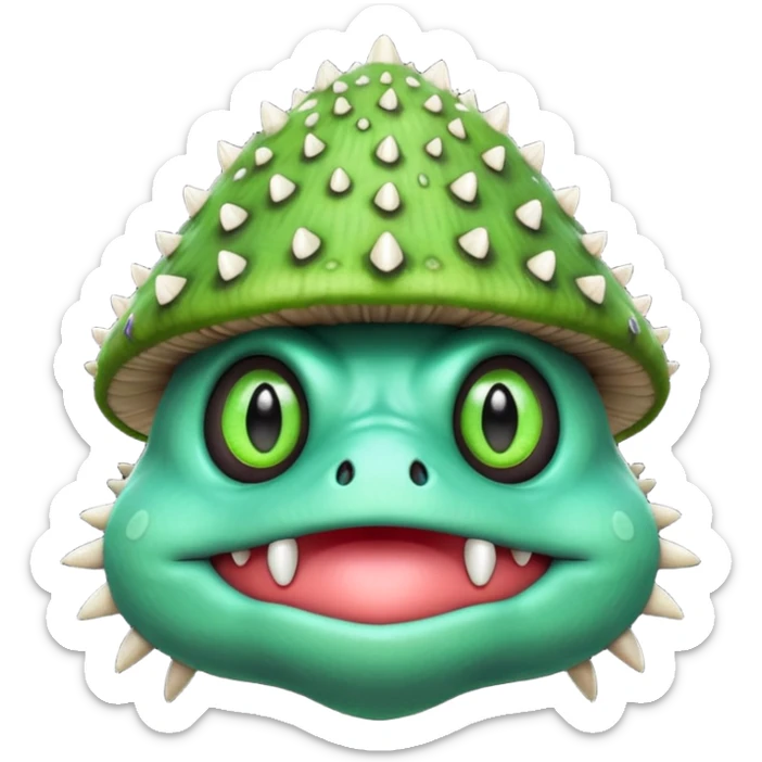poisonous mushroom monster portrait, head and shoulders only, animal-like creature, mushroom cap head with spikes, toxic green glow, beast-like eyes, furry neck details, monstrous but cute fantasy vibe, 3D cartoon, mobile game icon style, clean background, no text, no watermark

 sticker