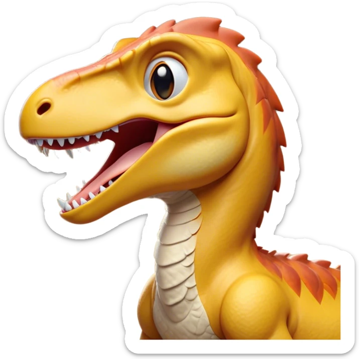 Cinematic Cute Yawning Velociraptor Portrait Emoji, Head tilted slightly with a dramatic, wide-open yawn, showcasing a lean, agile body with a relaxed snout and sleepy, half-closed eyes, Simplified yet irresistibly cute features, highly detailed, glowing with a soft, cozy prehistoric glow, high shine, relaxed yet expressive, stylized with a hint of whimsical agile ease, soft glowing outline, capturing the essence of a drowsy yet affectionate Velociraptor that appears ready to stretch and yawn its way out of the screen! sticker