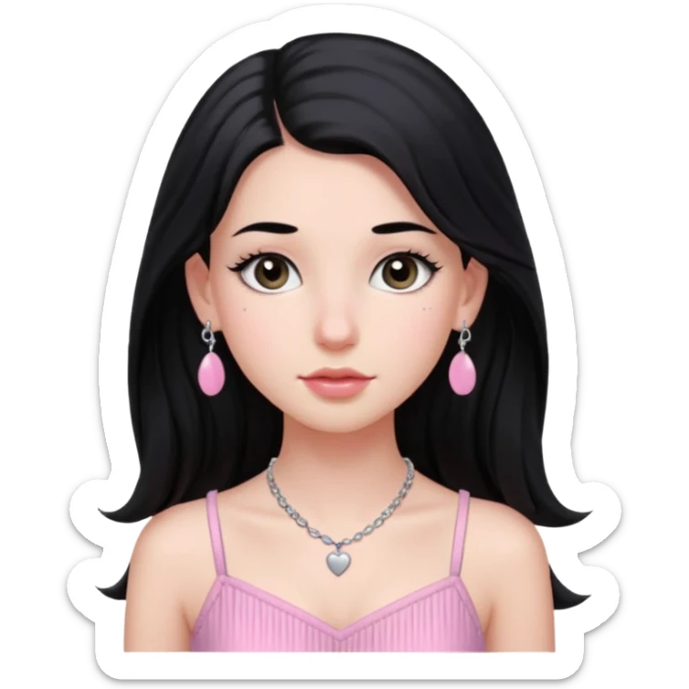 Menina branca ,cabelos pretos longos, olhos pretos puxados para cima. Cílios longos, lábios grossos ,nariz pequeno.vestido rosa claro de alça. Colar e brinco prata pontinho pequeno. Jovem  de 16 anos  sticker