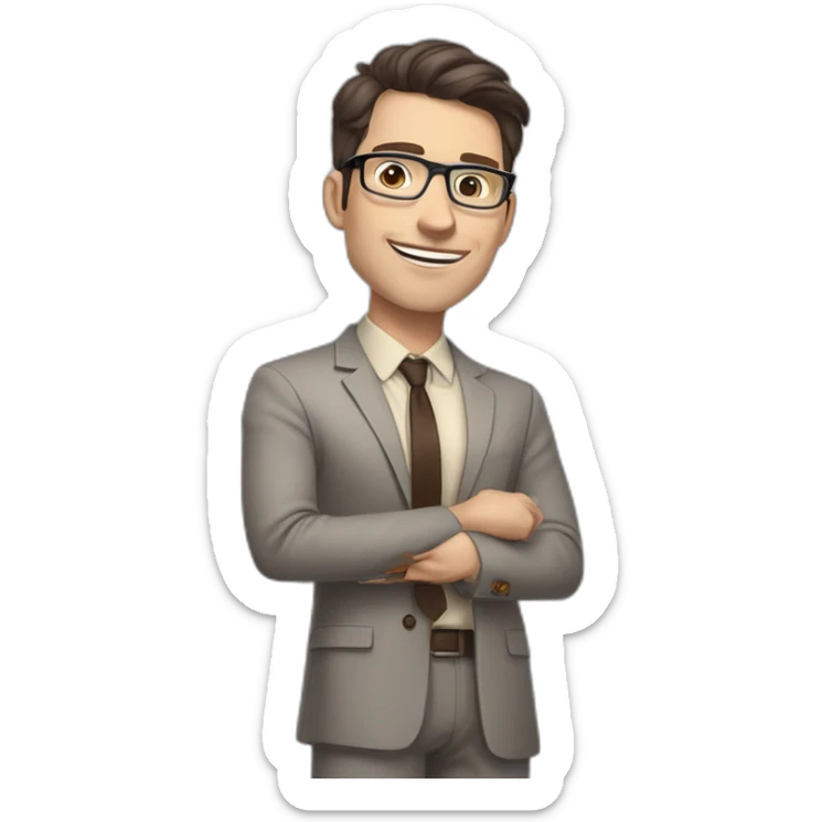Pale skinned fit man with dark brown hair in gray jacket, beige office shirt, brown tie, brown pants and vintage glasses Writing text on the flipchart sticker
