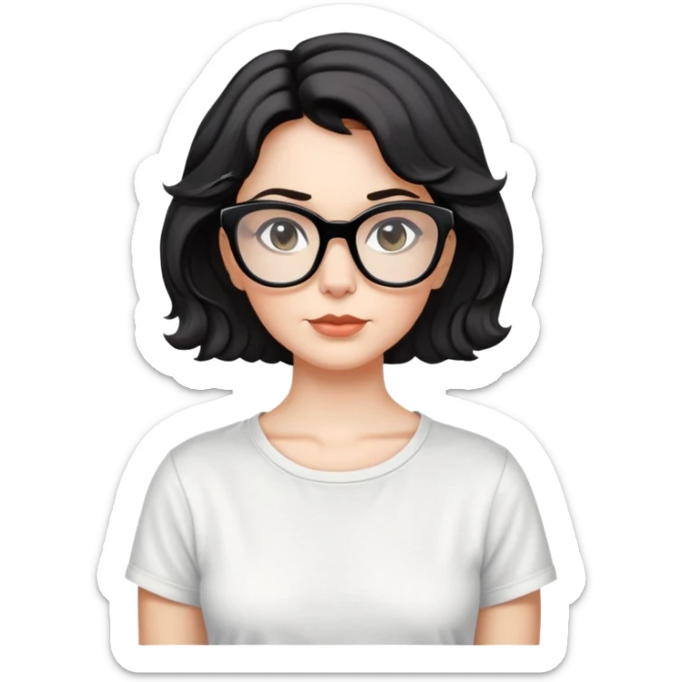 white woman about 50 years old with light warm skin, wide face, black wavy neck-length 80s short hair, low volume, neutral expression, large black shiny butterfly or cat-eye glasses, white casual t-shirt sticker