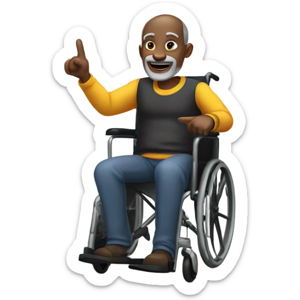 old black bald man with a round belly in wheelchair. grey stubble. he is pointing finger in front.  sticker