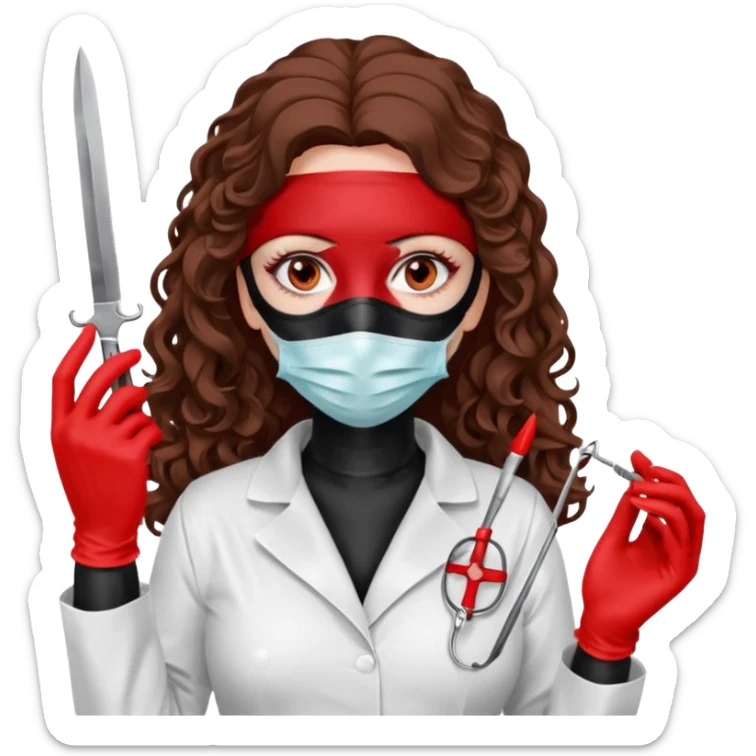 


Scary woman scalpel in hand, evil surgeon sexy surgeon clothes.  She has redcolored  eyes. Her  hair only is free ne brown long curly hair. Wears sexy doctor outfit with red gloves. make her wear full Muslim burka to mask and nose mouth mask  to hide. Wears white surgeon coat, wears  stilettos sticker