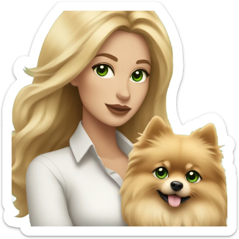 Blonde balayage long hair women with green eyes holding a Pomeranian  sticker