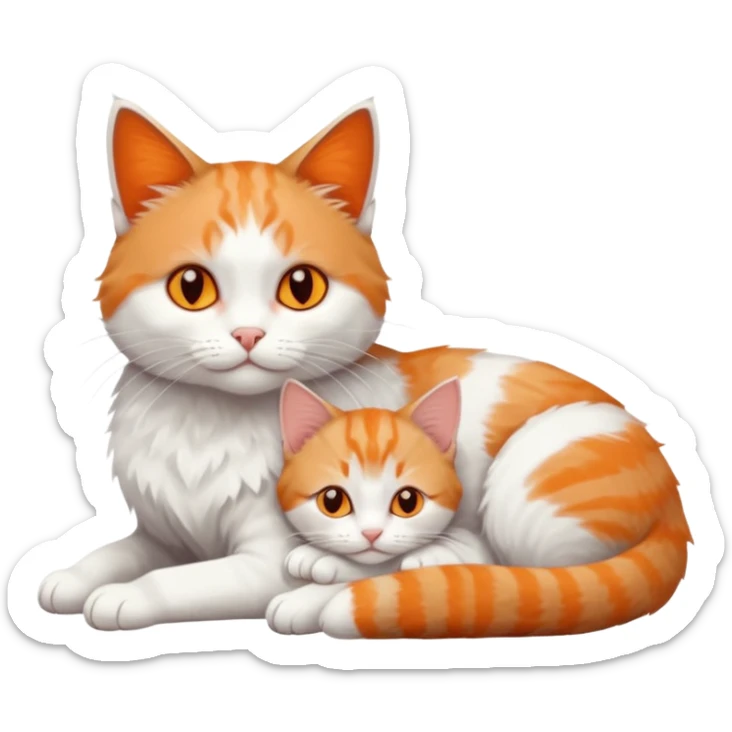 full body of a grey and white cat cuddling a very small + skinny ginger and white kitten with deep orange eyes and triangular shaped face lying down sticker