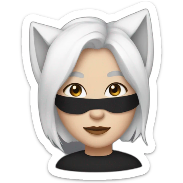 A woman with white hair and cat ears and a black mask around her eyes has white skin  sticker