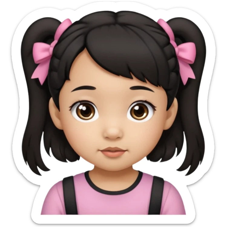 mixed 1 year old girl asian and american with short pigtails and cute bows i dark brown/black hair with big brown eyes emoji sticker