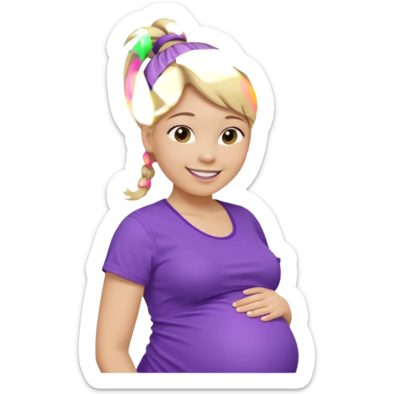 pregnant woman with purple shirt. Blond hair, light skin, pony tail. Only show abdomen neck and head. sticker