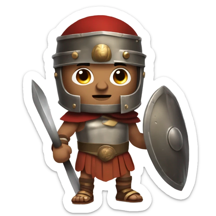 Create an emoji of a Roman gladiator, wearing a bronze helmet with a face guard, a short tunic, and holding a sword and shield. He has a fierce expression and battle scars, ready for combat. sticker