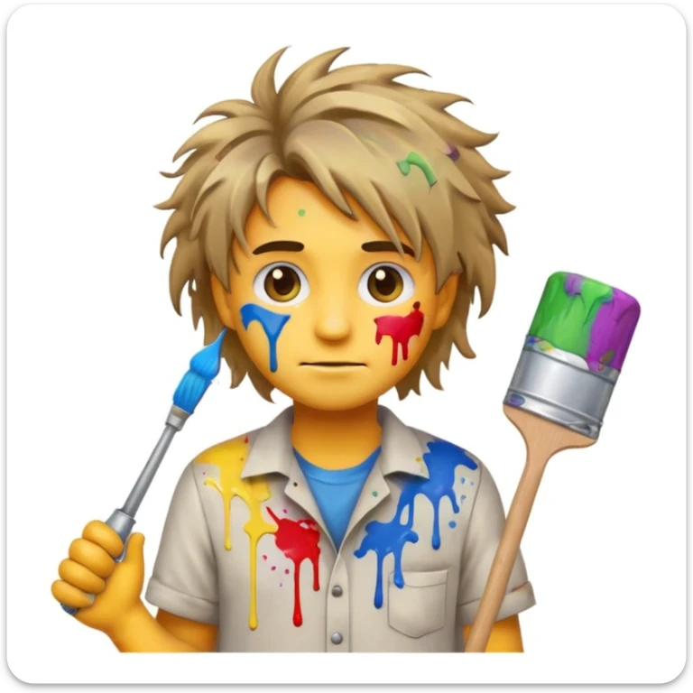 confused house painter emoji with messy hair, stained shirt, holding a dripping paint roller, paint on face, chaotic background sticker