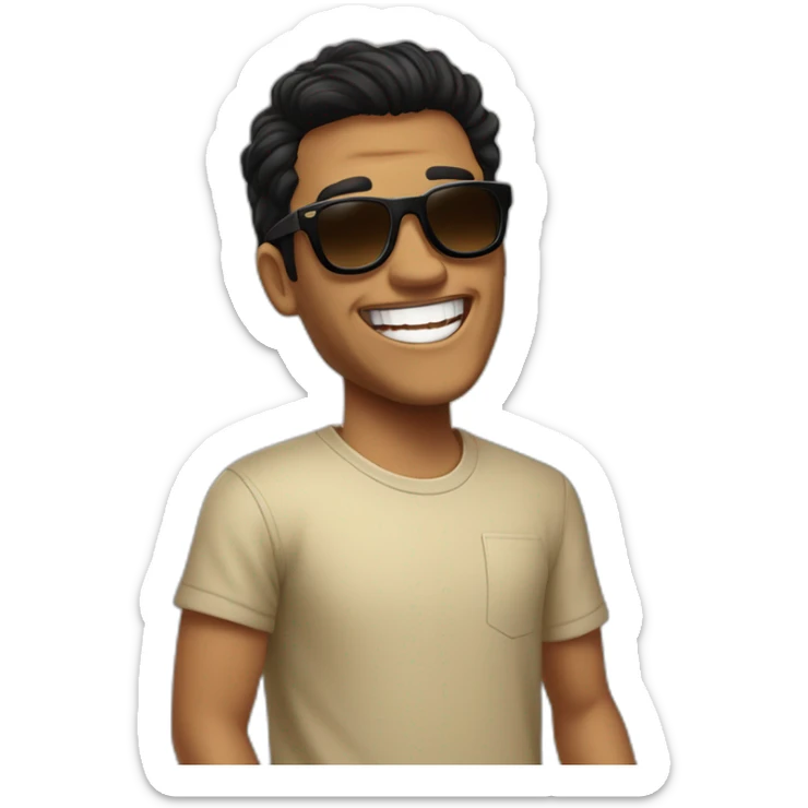 tanned man, with black hair, fade haircut and brown eyes, dressed in a vans skater style, wearing Osacruz sunglasses, is laughing. sticker