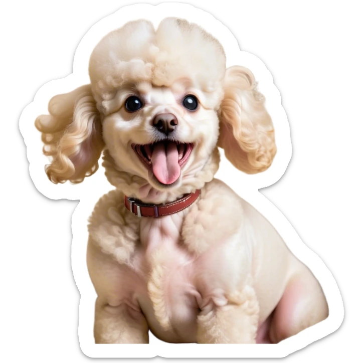 Cinematic Cute Yawning Cream Poodle Portrait Emoji, Head tilted slightly with a dramatic, wide-open yawn, displaying a soft, curly cream Fur with delicate texture, floppy ears slightly drooping, round warm eyes barely open in drowsy contentment, Simplified yet irresistibly adorable features, highly detailed, glowing with a soft, cozy glow, high shine, relaxed yet expressive, stylized with a touch of whimsy, bright and endearing, soft glowing outline, capturing the essence of a sleepy yet affectionate companion, so drowsy it feels like it could stretch right out of the screen and curl up for a nap! sticker