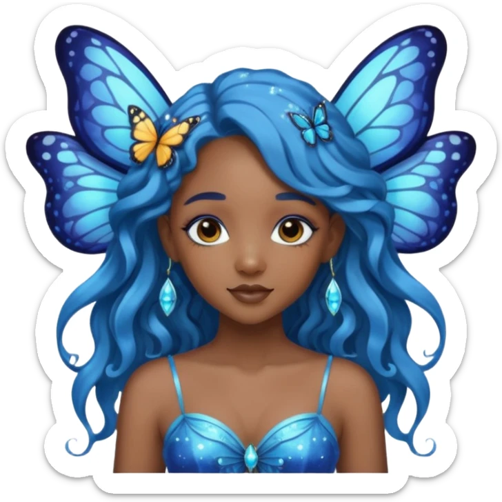 Black girl fairy with long wavy blue hair butterfly wings sparkly sticker