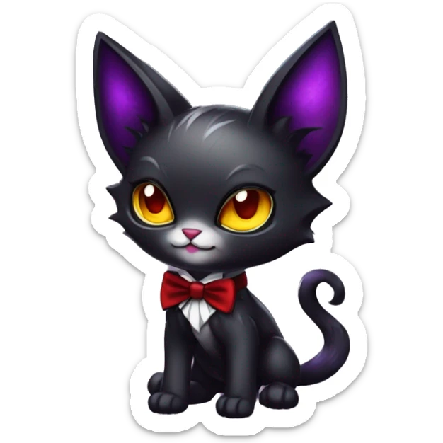 Cute-Evil-Vampiric-Batty-Cat-Black-Purple-Red-Yellow-Contrast-Colors-Fantasy-Fur-Sona-Chibi-Shiny-Fakémon-Hybrid with horns and big fangs neck bow white tie leg spats full body sticker