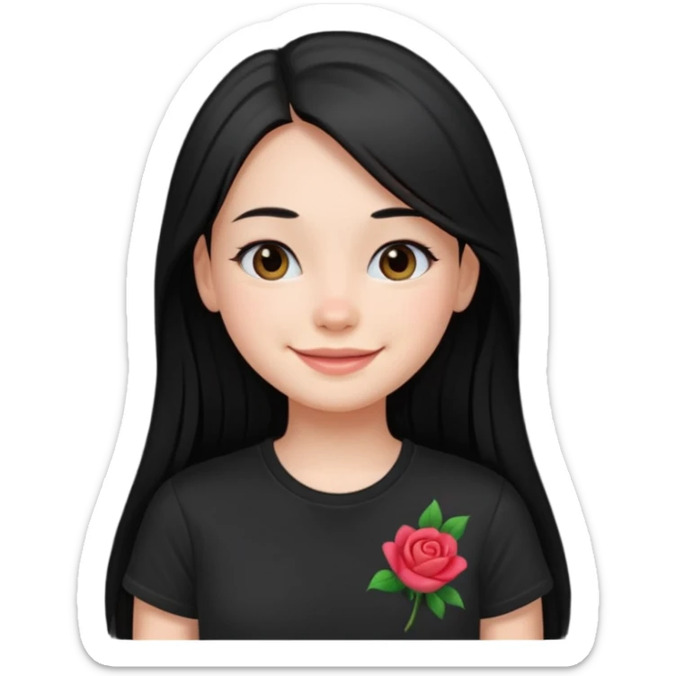 a pretty bratz fair girl with straight long black hair, wearing a black tshirt, smiling sticker