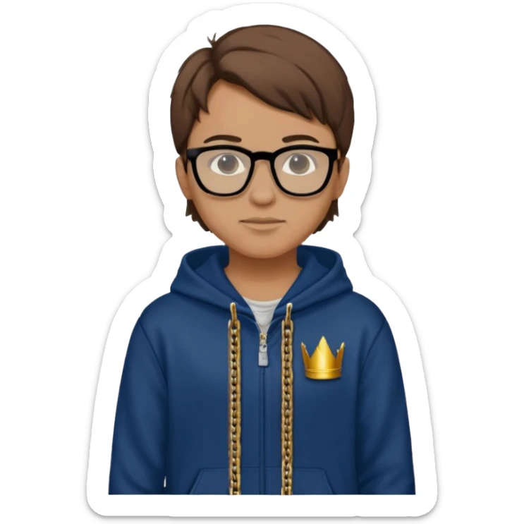 Brown hair with black glasses and a dark blue hoodie that says caylus kingdom with black pants and a gold chain sticker
