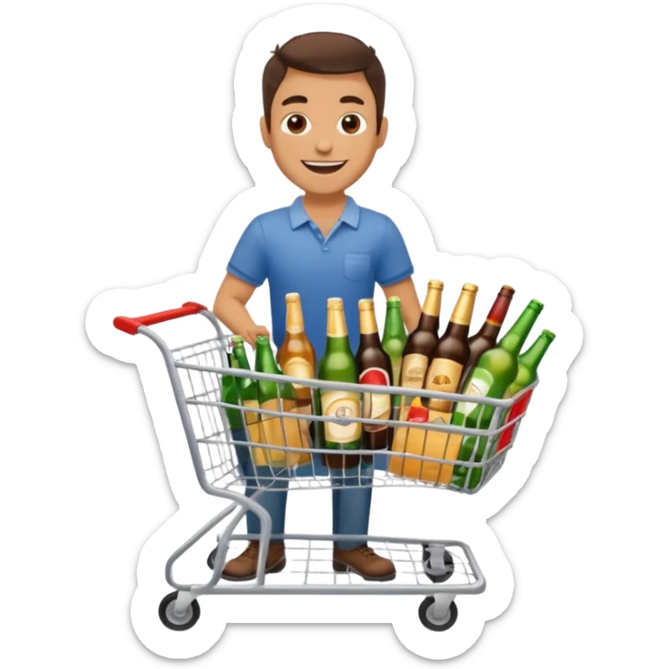 man with a shopping cart full of beers and wines full body sticker
