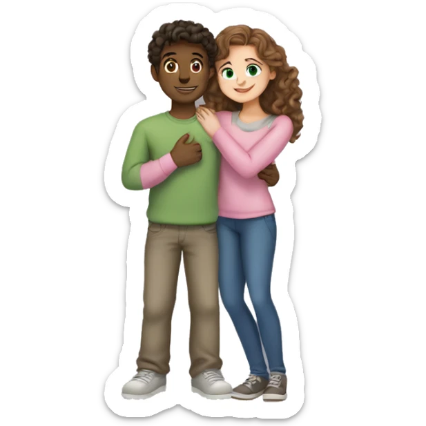 A young man with fair skin, dark hair, green eyes in a gray jumper, hugs a girl with fair skin, brown hair with curls, blue eyes in a pink blouse sticker