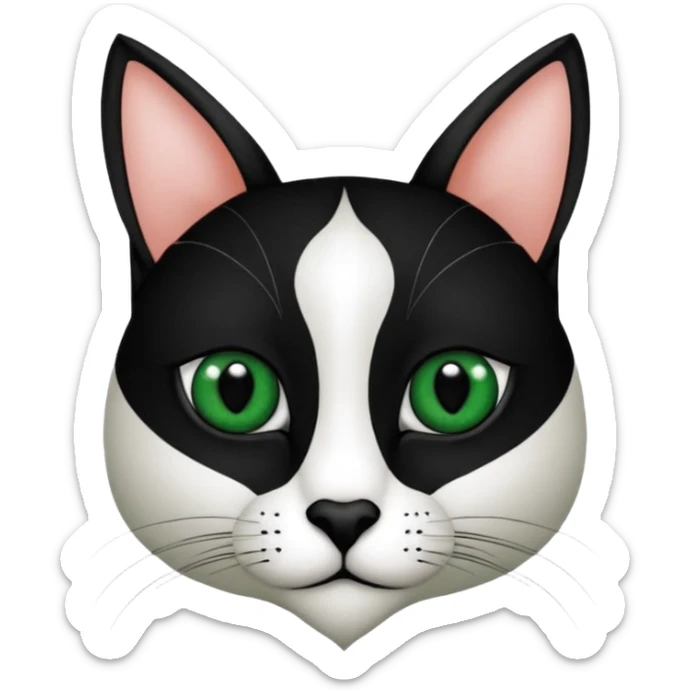 Haz una gata de ojos verdes la cara blanca con mancha negra en las orejas que agarra parte de la frente del lado der pero del iz va desde el ojo hasta la oreja la mancha, tiene la nariz negra en forma de corazón y todo lo que sobra de la cara, barbilla la nariz arriba y el lado de bigotes es blanca sticker