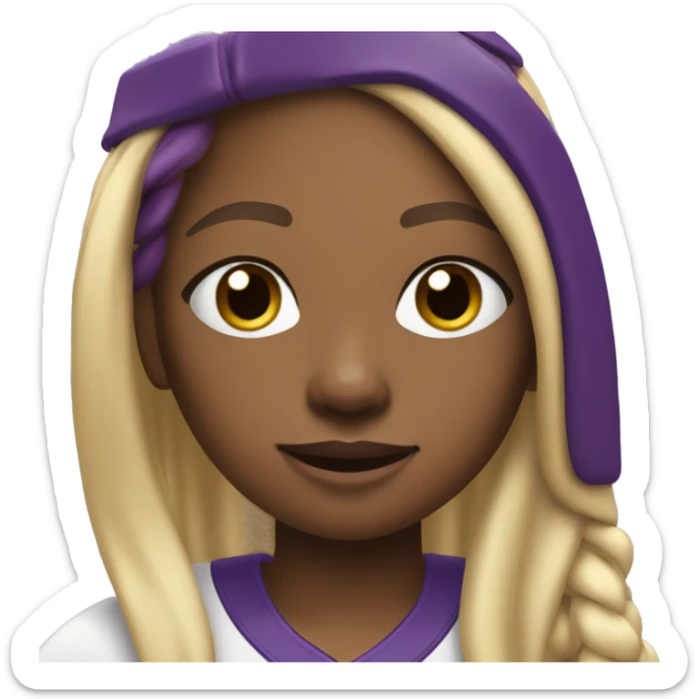 baseball card character. black girl. long hair blonde streaks. letter C logo. Purple and white uniform.  sticker