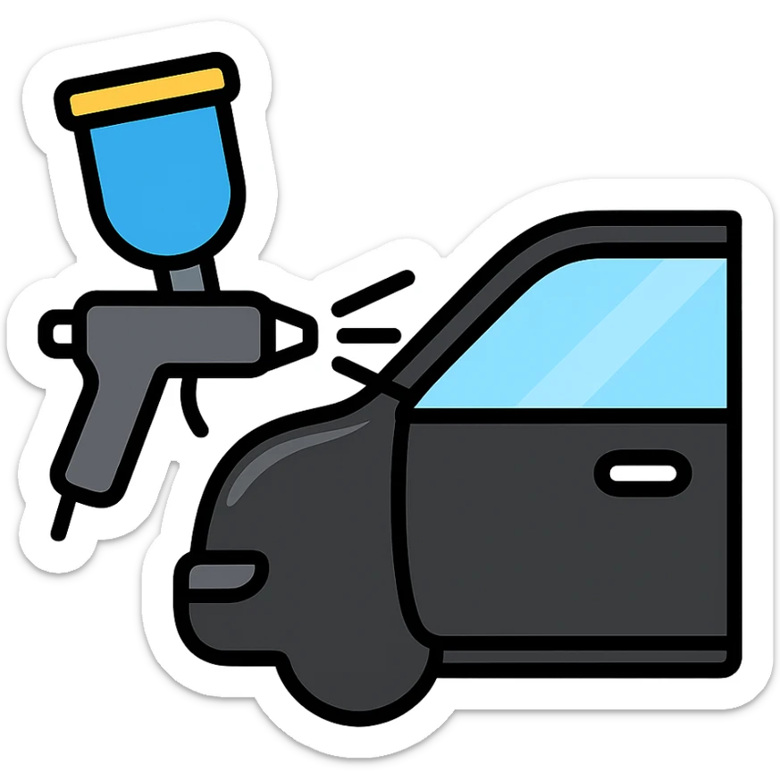 paint spray gun pointing at a section of a car, light layer of glossy black paint spraying out, main color glossy black with silver details, clean lines, modern and clean style, no excess paint sticker