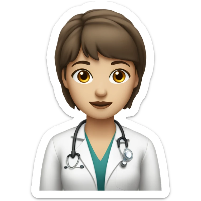Doctor a woman with brown eyes and hair with bangs and white skin stay with a book sticker